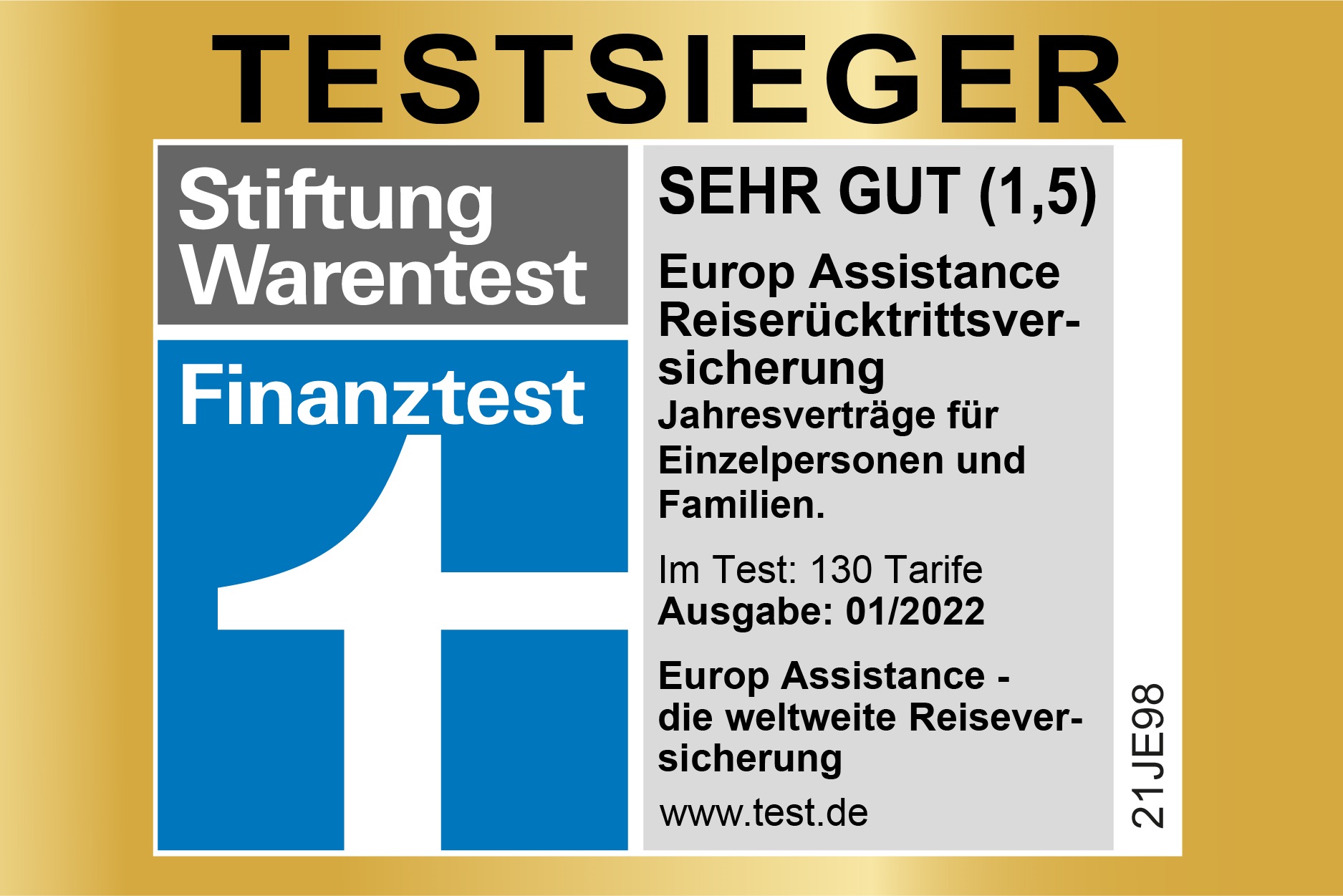 Testsieger 01/2022 - Europ Assistance Reiserücktrittsversicherung
