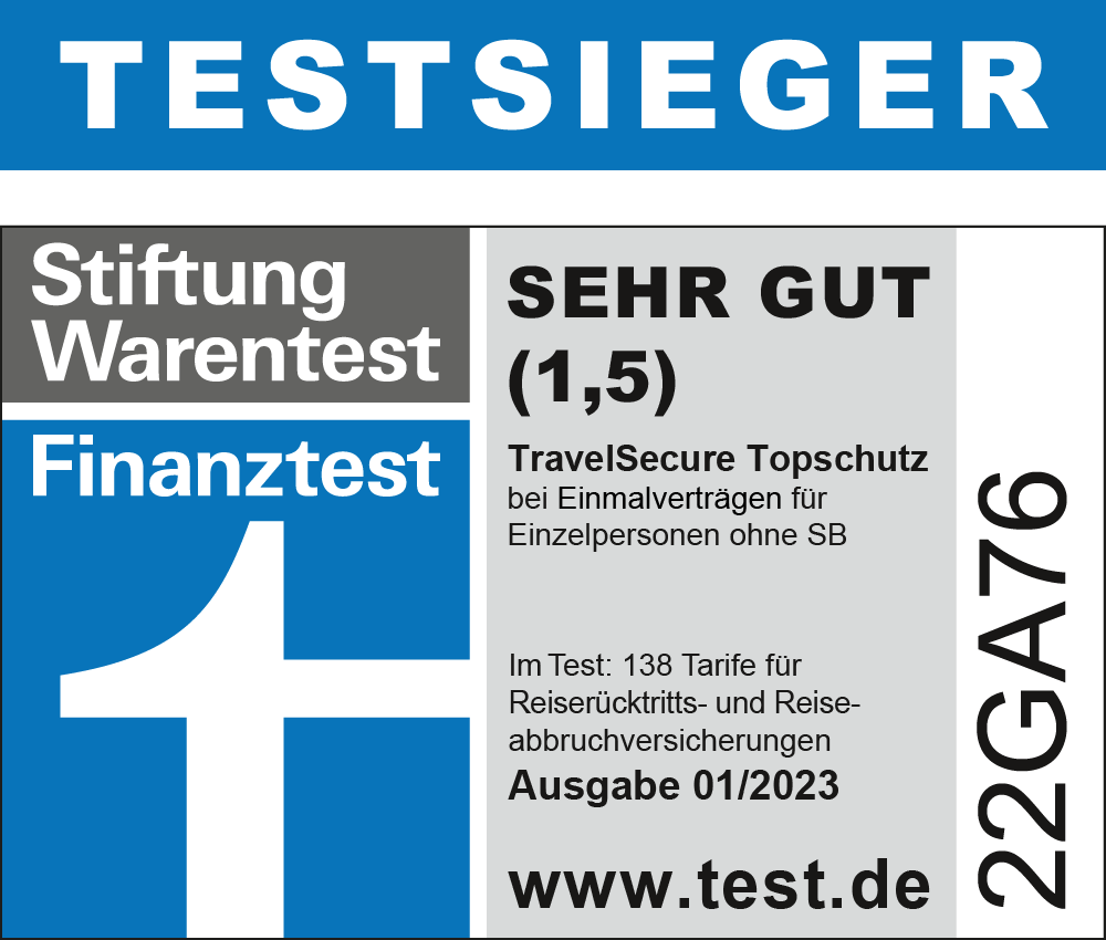 Testsieger 01/2023 Reiserücktrittsversicherung Single